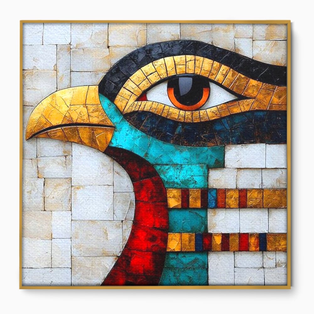 Tablou canvas cu tablou canvas cu mozaic egiptean si ochiul lui horus, in rama de aluminiu auriu
